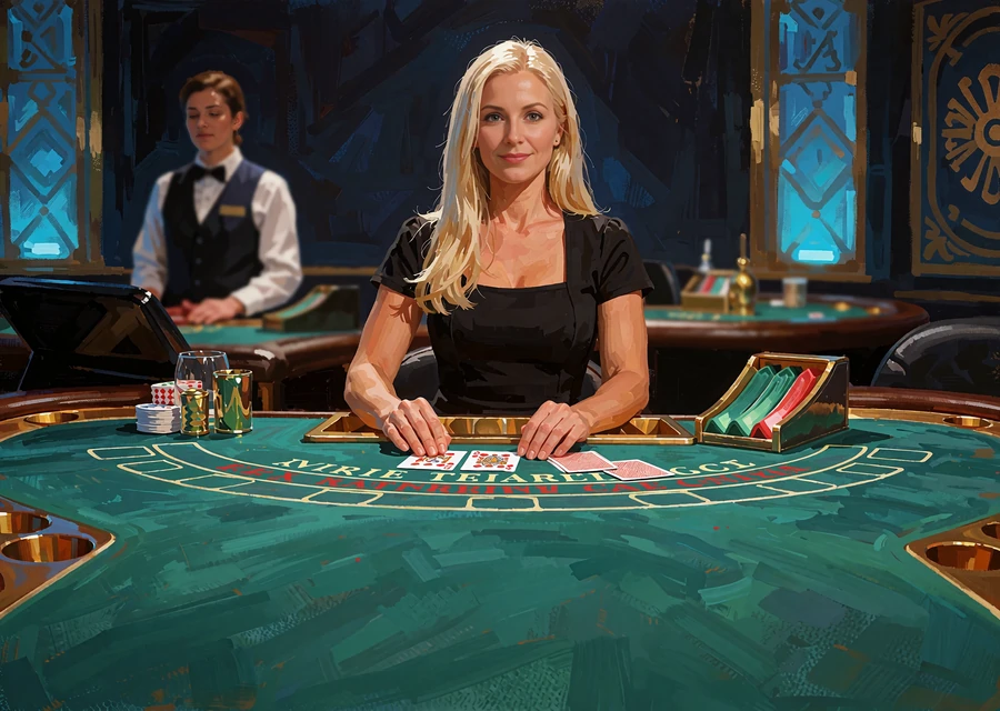 Live blackjack hos Mino Casino med smilende dealer bag et gr&oslash;nt filtbord og kortsko i studiet