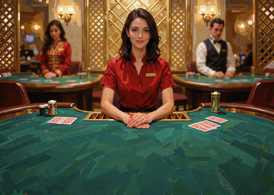 Live baccarat-studie med dealer i r&oslash;d bluse ved gr&oslash;nt filtbord og gyldne v&aelig;gpaneler i baggrunden