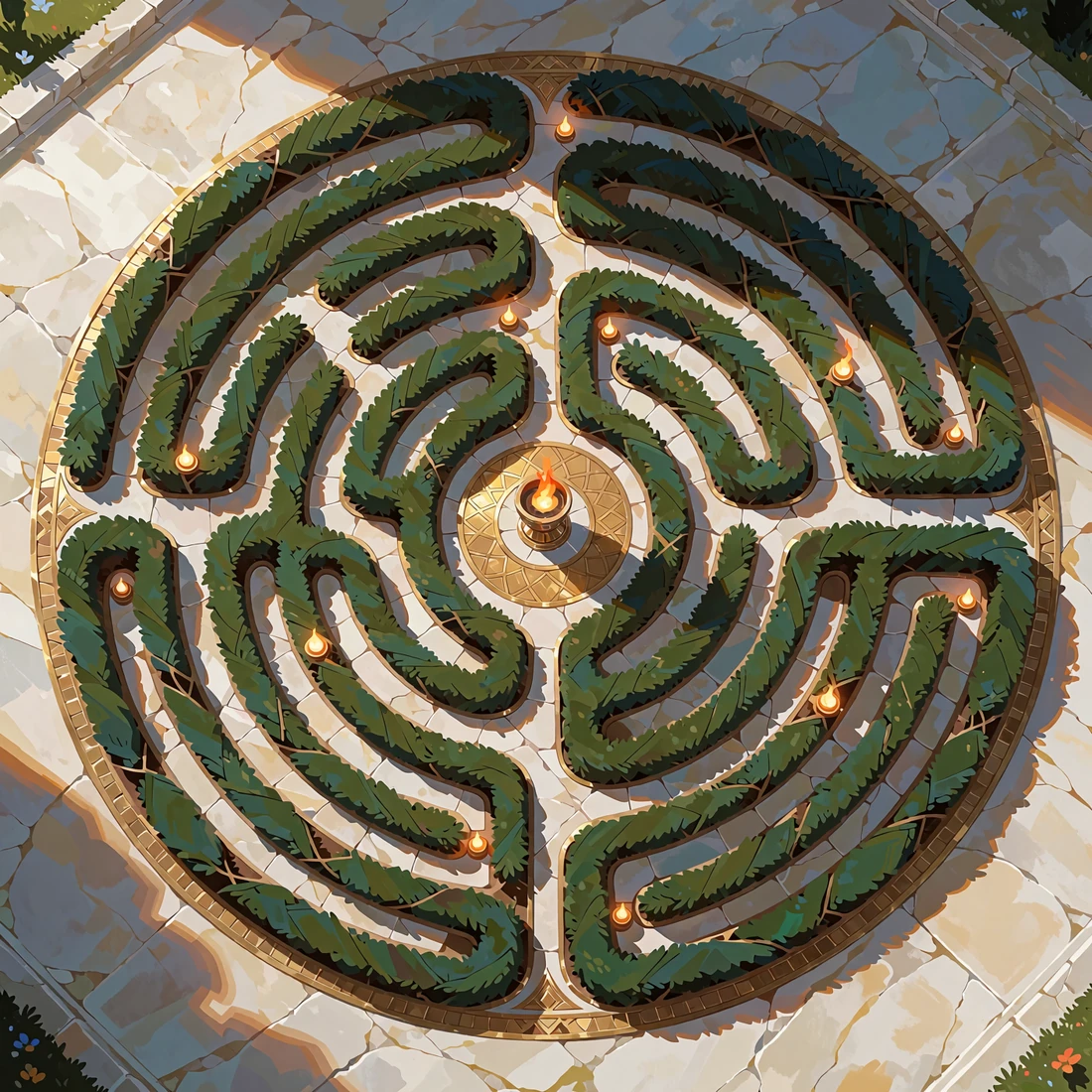 Luftfoto af en cirkul&aelig;r h&aelig;kkelabyrint p&aring; en marmorplads med lysende punkter langs stien - Labyrinth Map hos Mino Casino