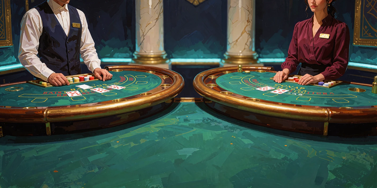 Live casino-studie med dealere ved et blackjackbord og et baccaratbord, marmors&oslash;jler og bl&aring;gr&oslash;nt lys hos Mino
